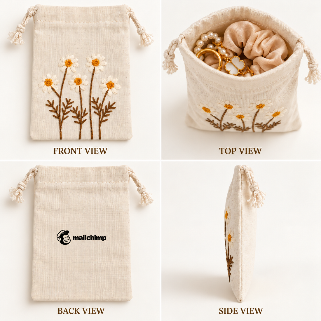 Daisy Delight Embroidered Cotton Drawstring Pouch