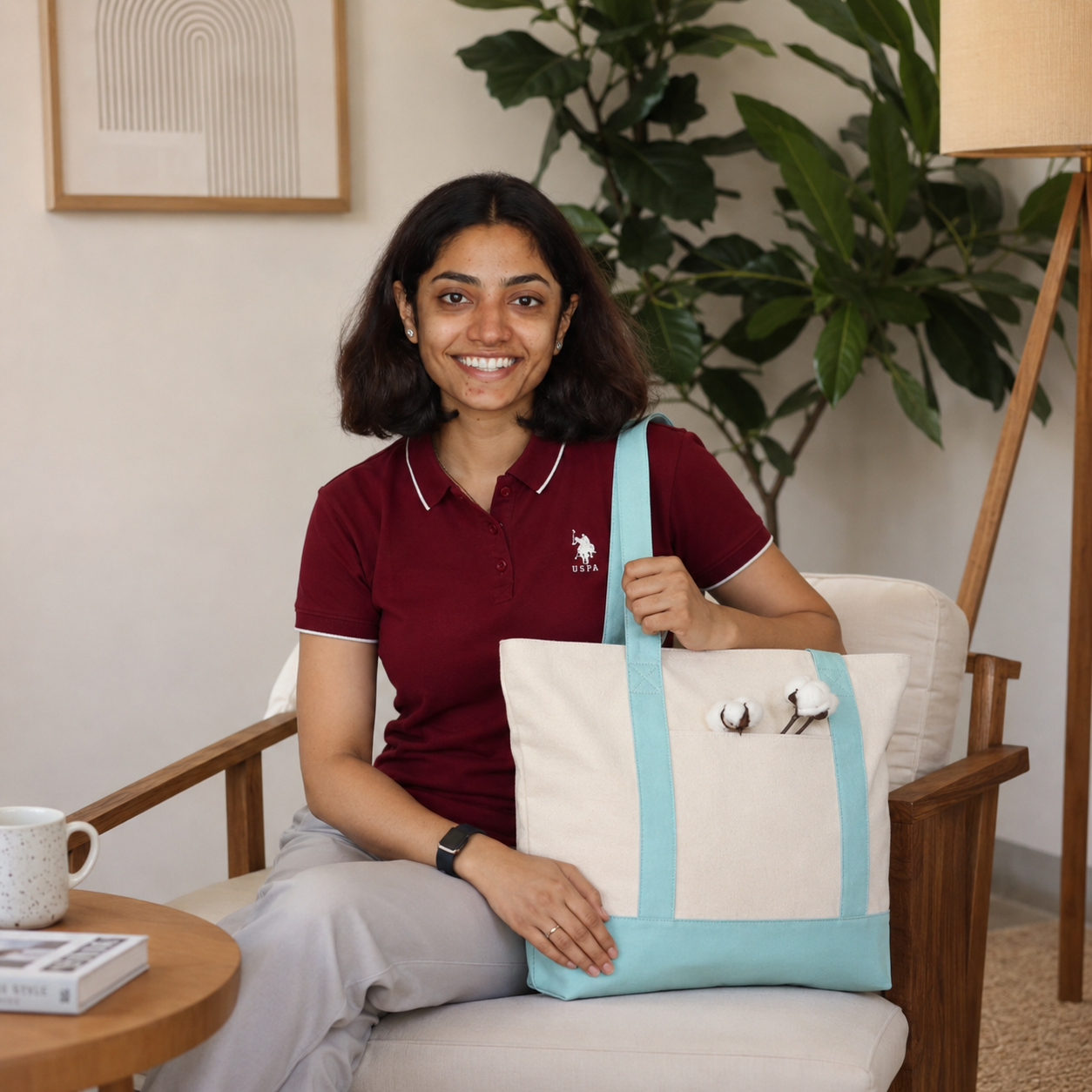Plain Sky Blue and Beige Large Canvas Tote Bag | 19" x 15" x 6"