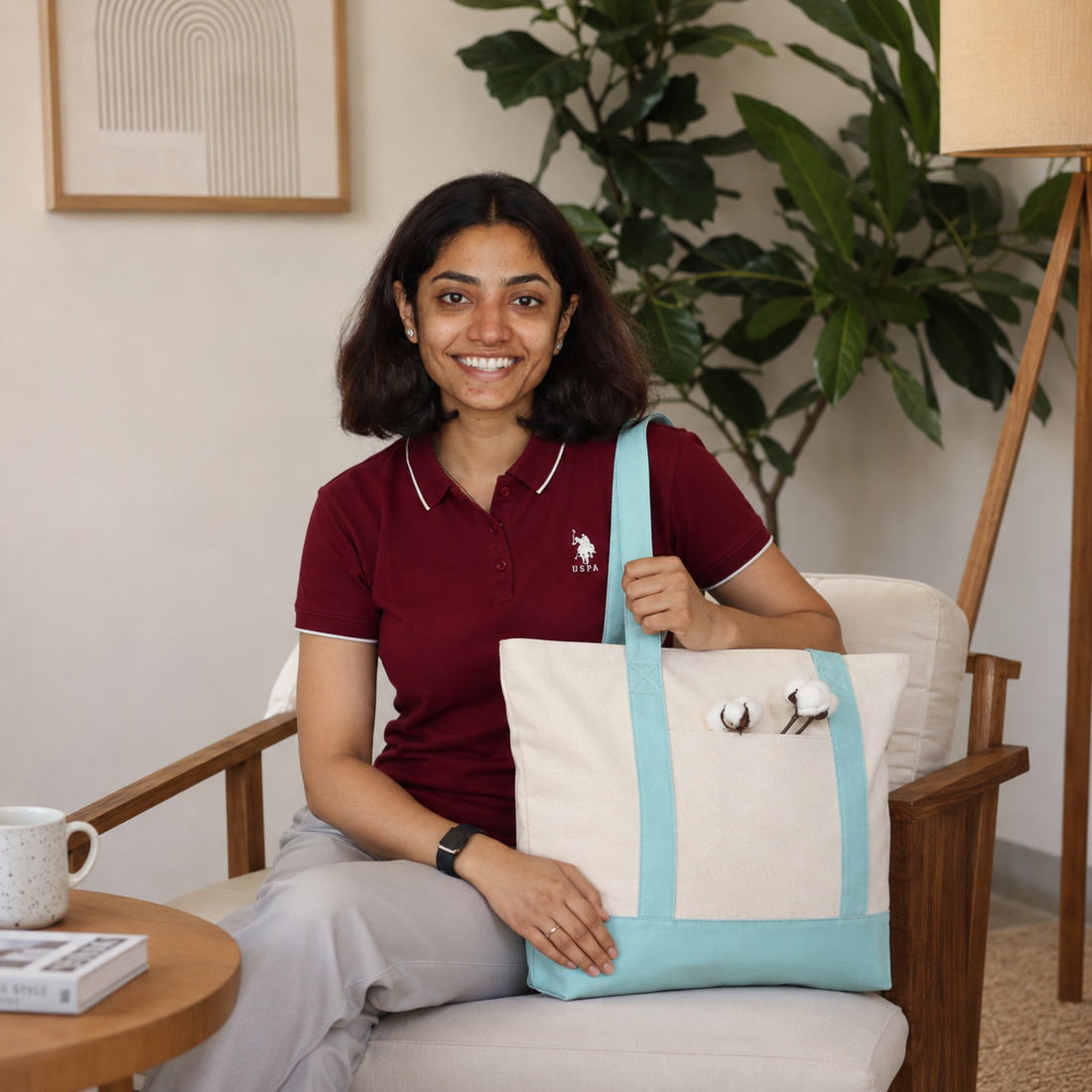 Plain Sky Blue and Beige Large Canvas Tote Bag | 19" x 15" x 6"