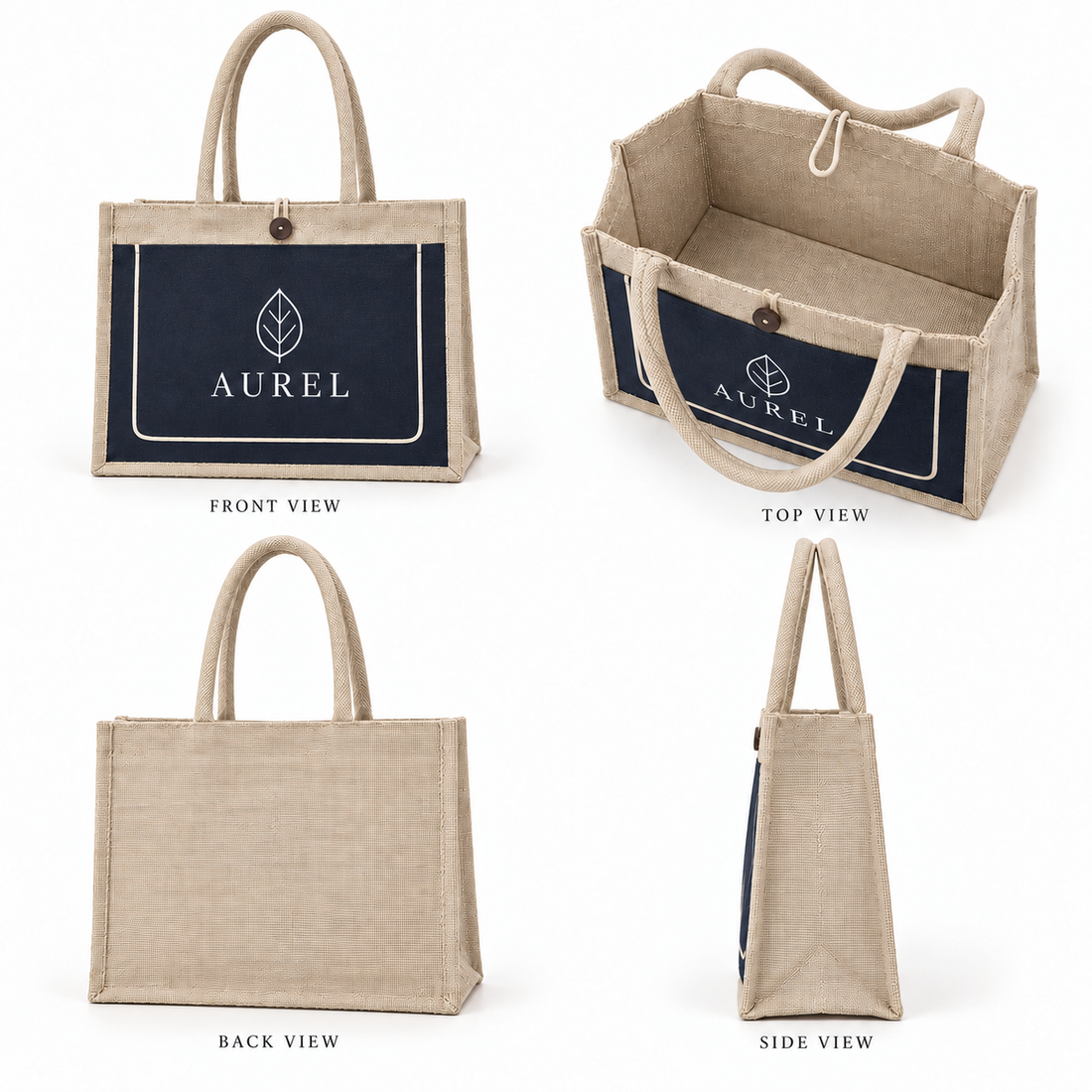 17x13x6 Black & Natural Jute Tote Bag with Piped Canvas Front Pocket