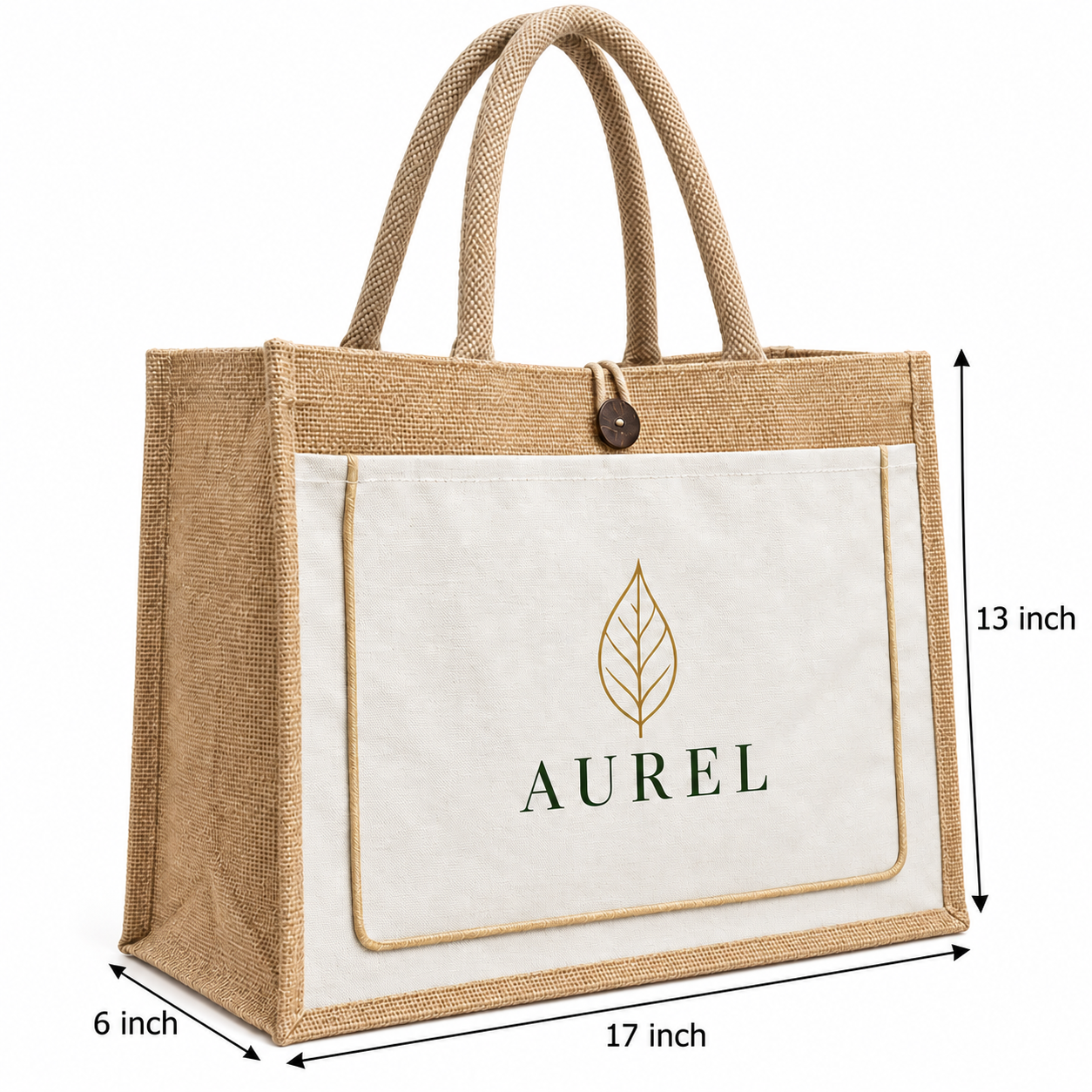 17x13x6 Ivory & Natural Jute Tote Bag with Piped Canvas Front Pocket