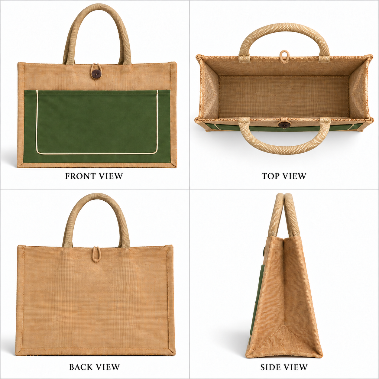 Plain 16x13x6 Olive & Natural Cotton-Jute Tote Bag with Front Pocket