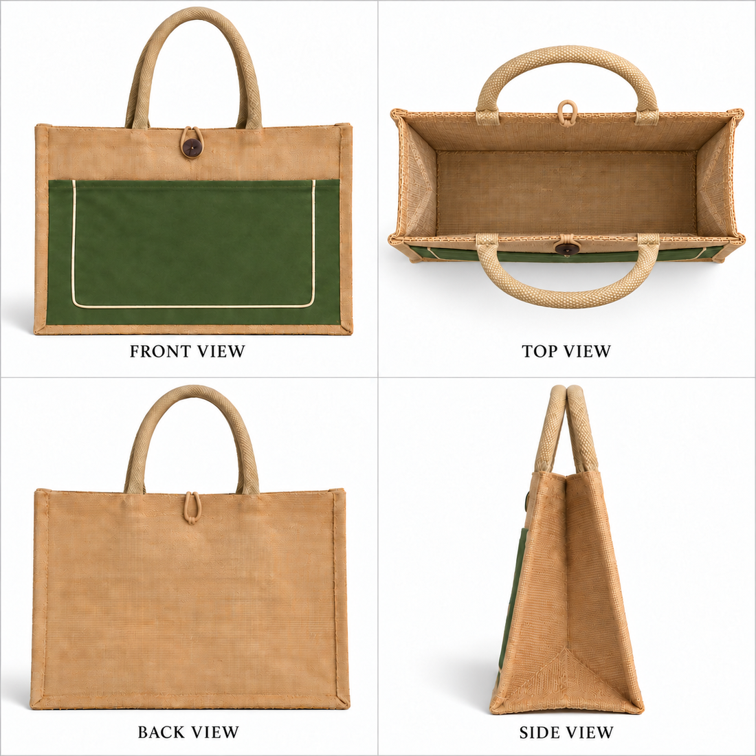 Plain 16x13x6 Olive & Natural Cotton-Jute Tote Bag with Front Pocket