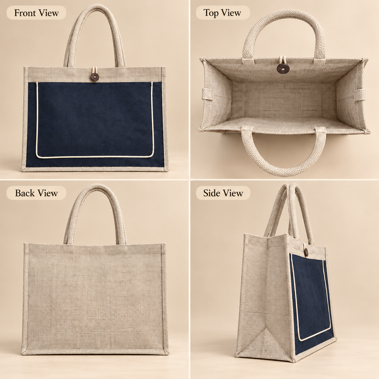 Plain 17x13x6 Black & Natural Jute Tote Bag with Piped Canvas Front Pocket