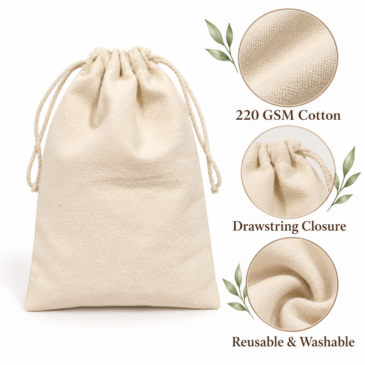 Plain 5x7 Inch Cotton Drawstring Bag | 220 GSM