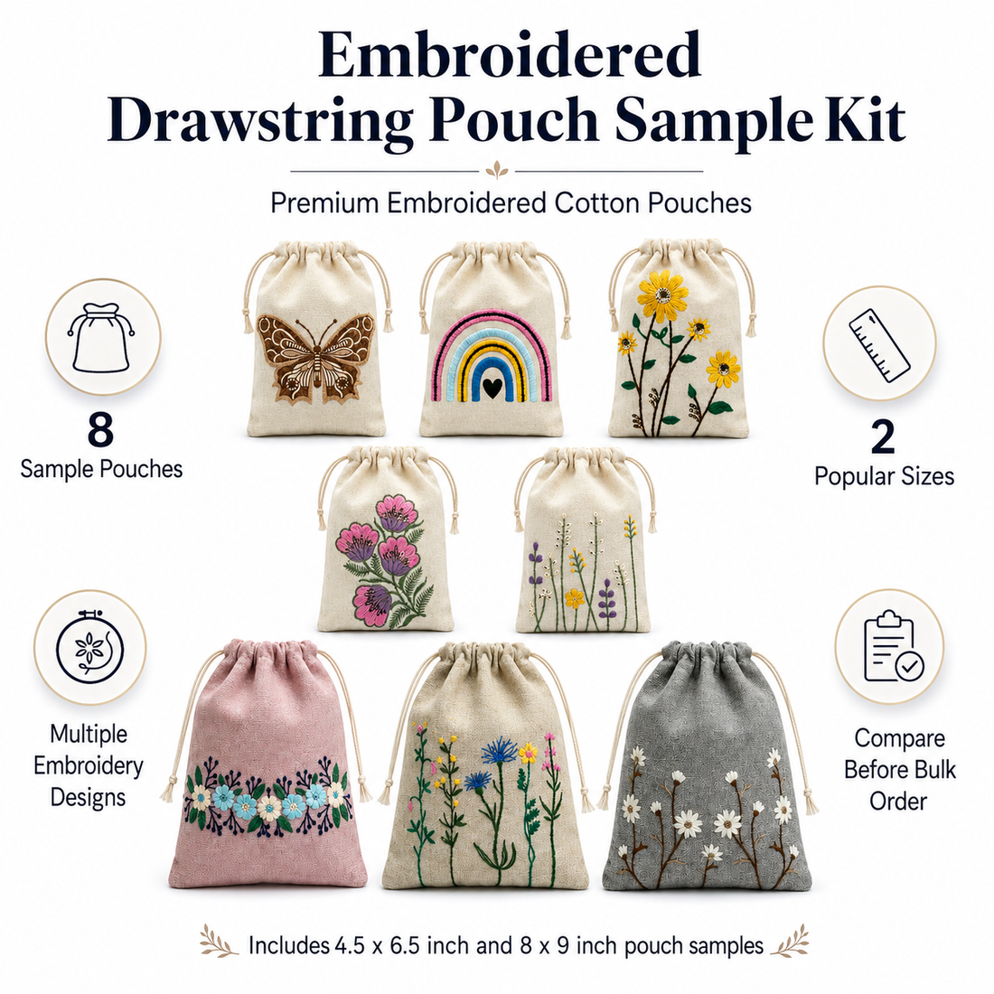 Embroidered Drawstring Pouch Sample Kit | 150 GSM