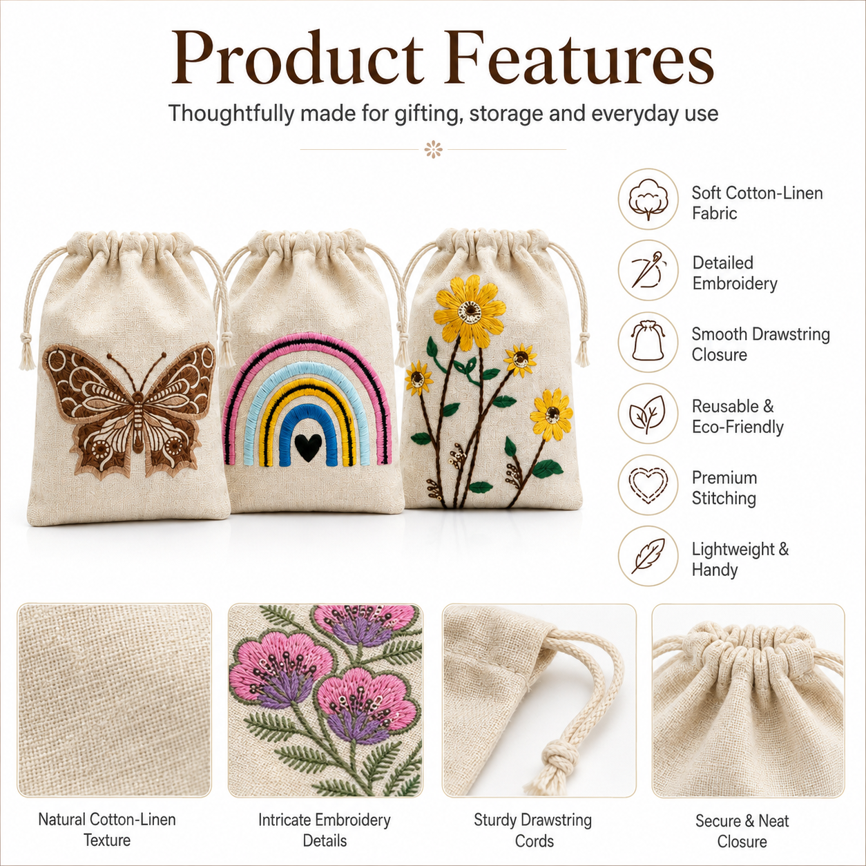 Embroidered Drawstring Pouch Sample Kit | 150 GSM