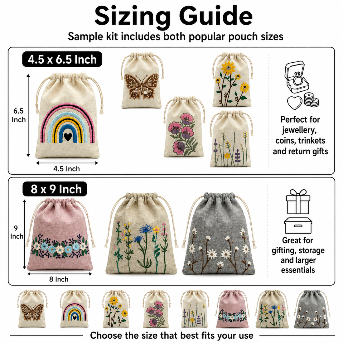 Embroidered Drawstring Pouch Sample Kit | 150 GSM