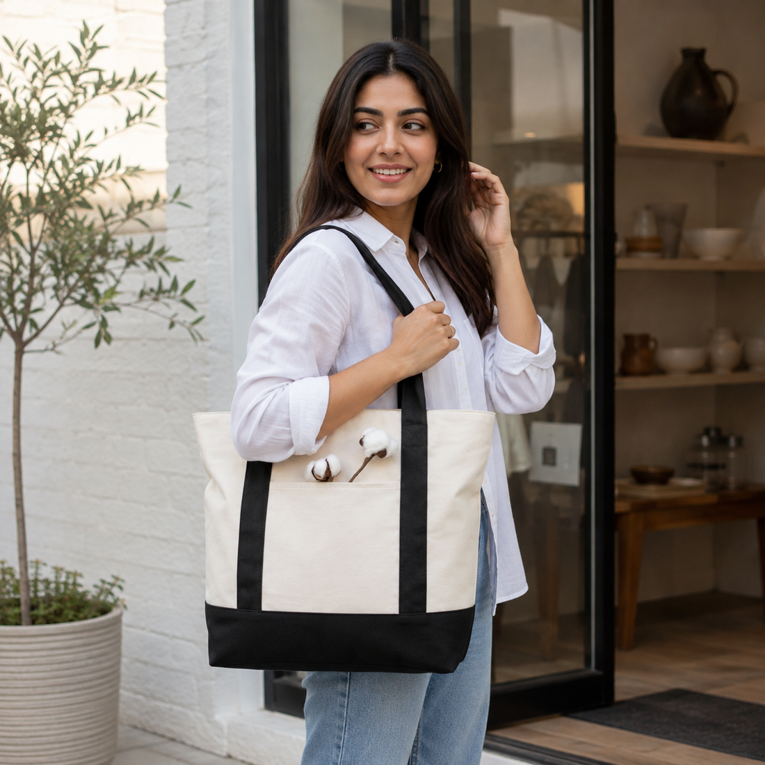 Plain Black and Beige Large Canvas Tote Bag | 19" x 15" x 6"