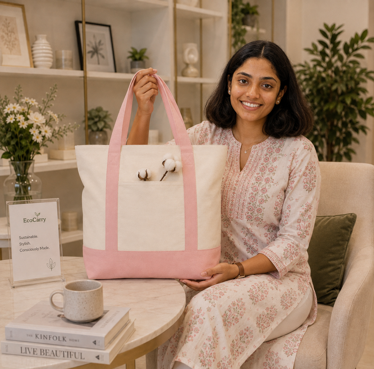 Plain Pink and Beige Large Canvas Tote Bag | 19" x 15" x 6"