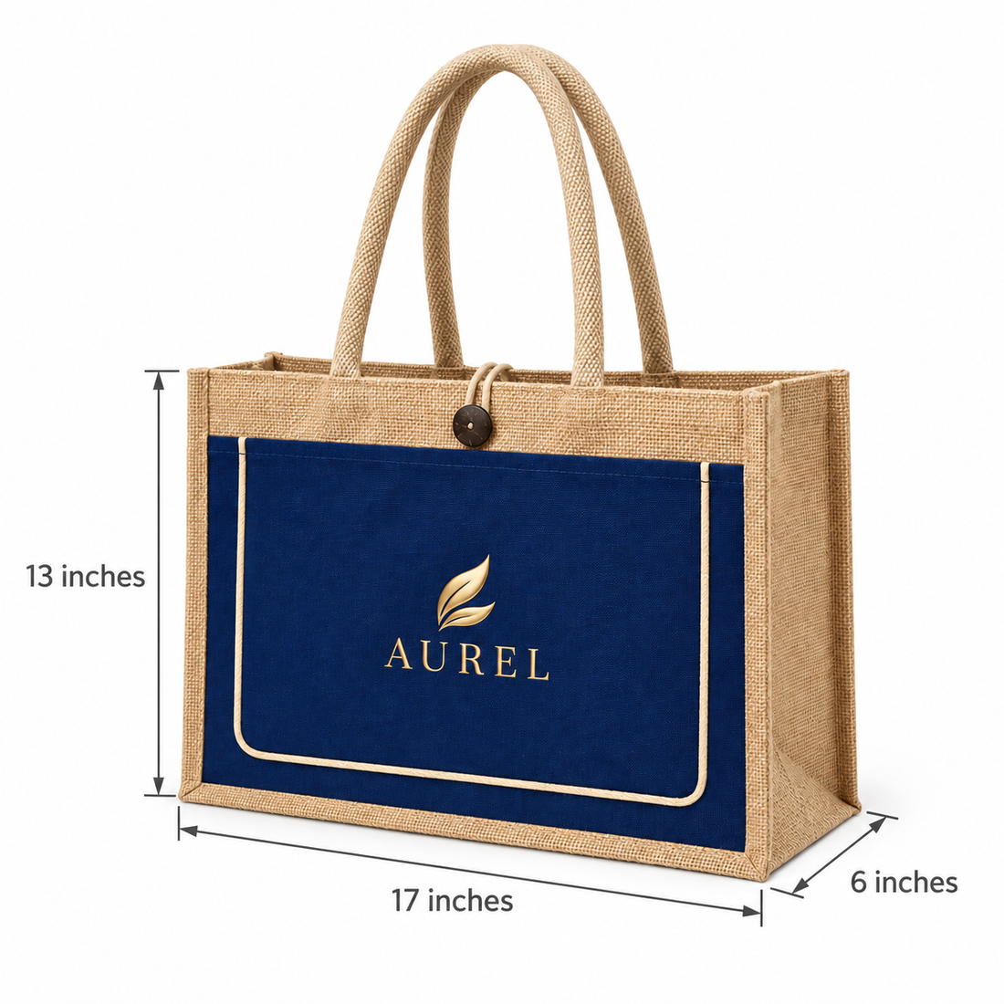 17x13x6 Royal Blue & Natural Jute Tote Bag with Piped Canvas Front Pocket