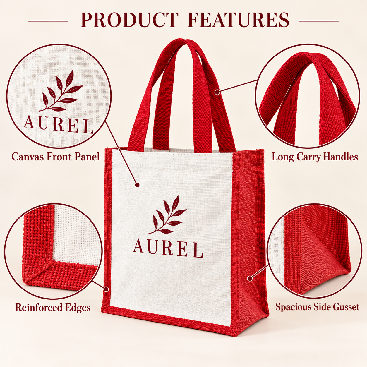 12x15.5x5.5 Red Laminated Jute & Canvas Tote Bag