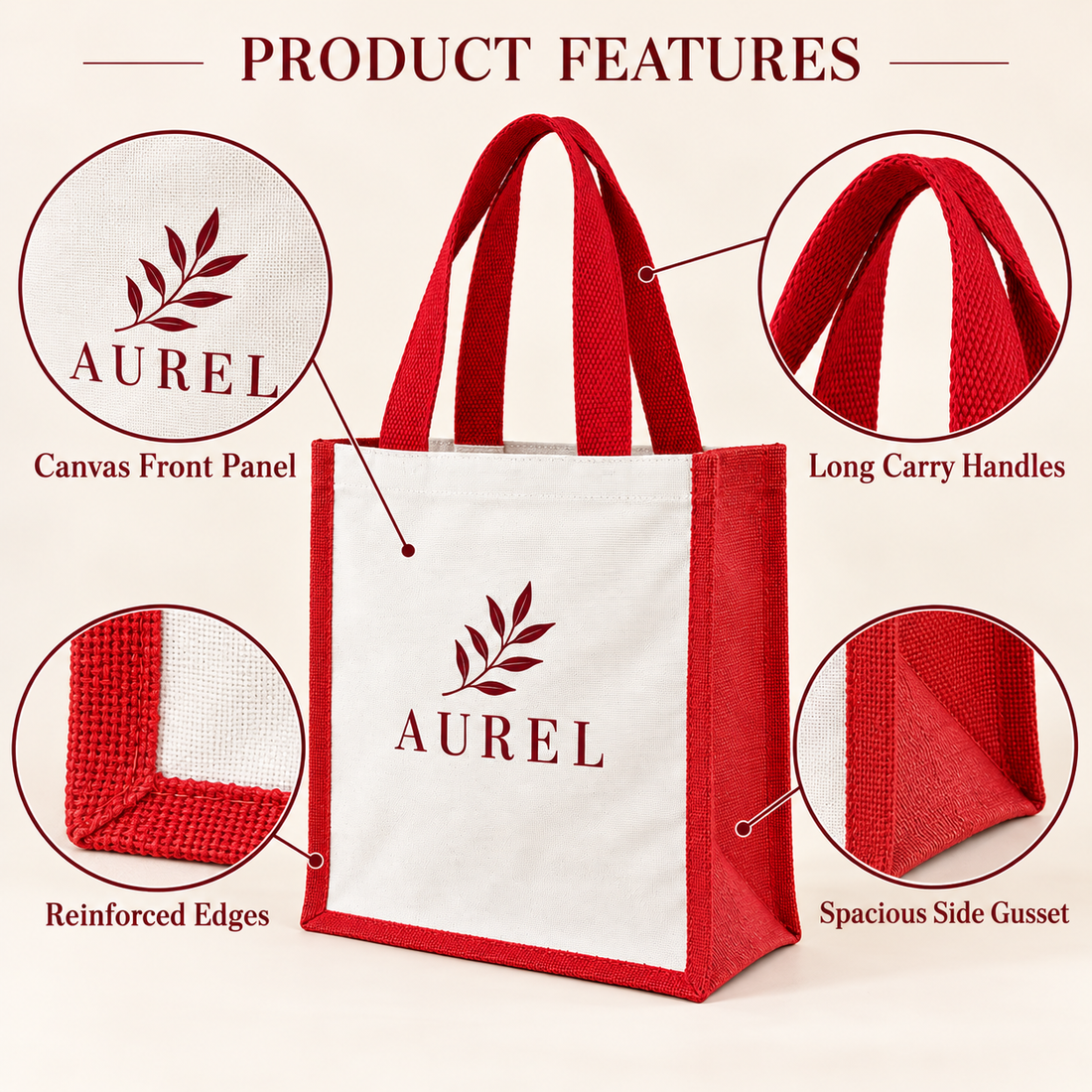 12x15.5x5.5 Red Laminated Jute & Canvas Tote Bag