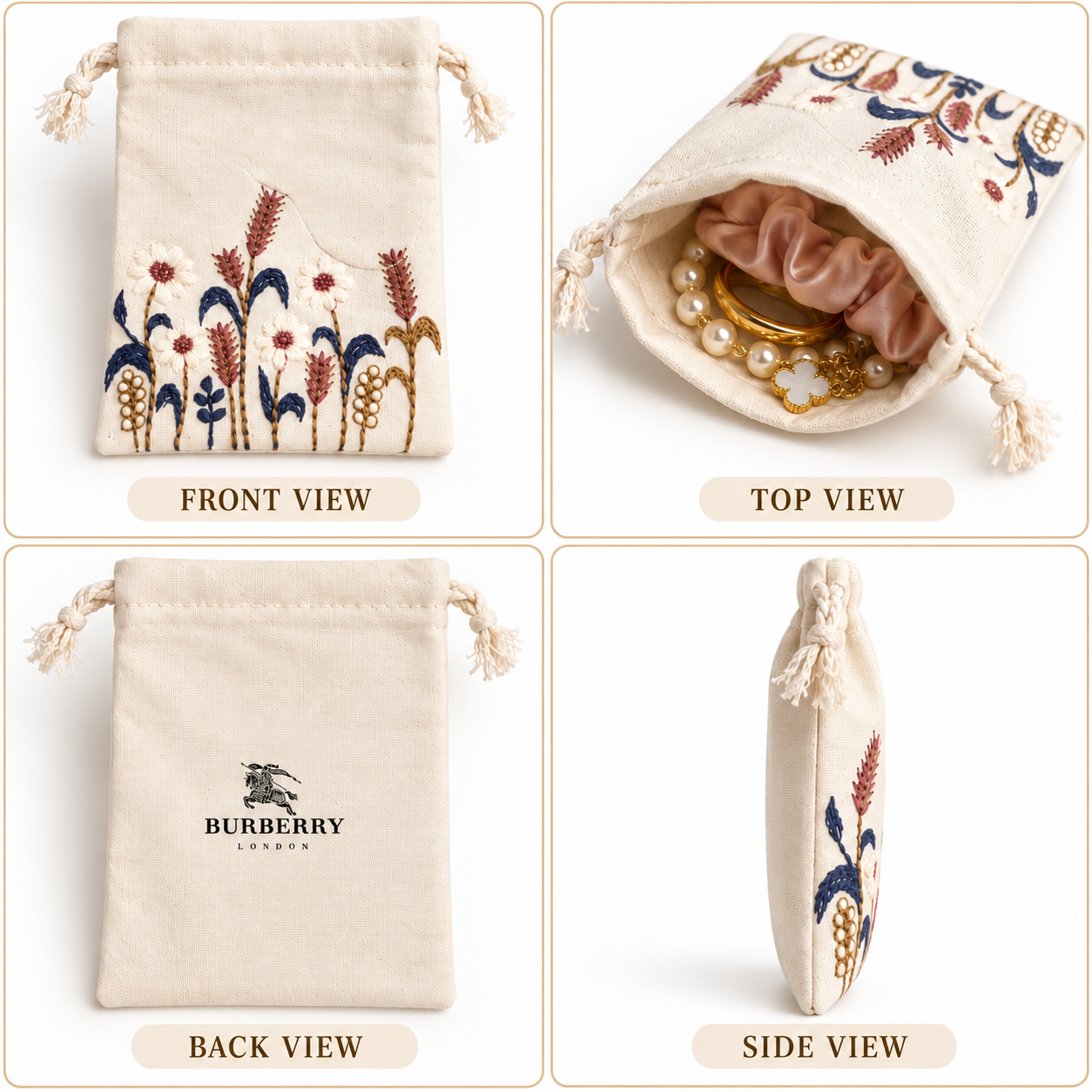Rustic Harvest Embroidered Cotton Drawstring Pouch