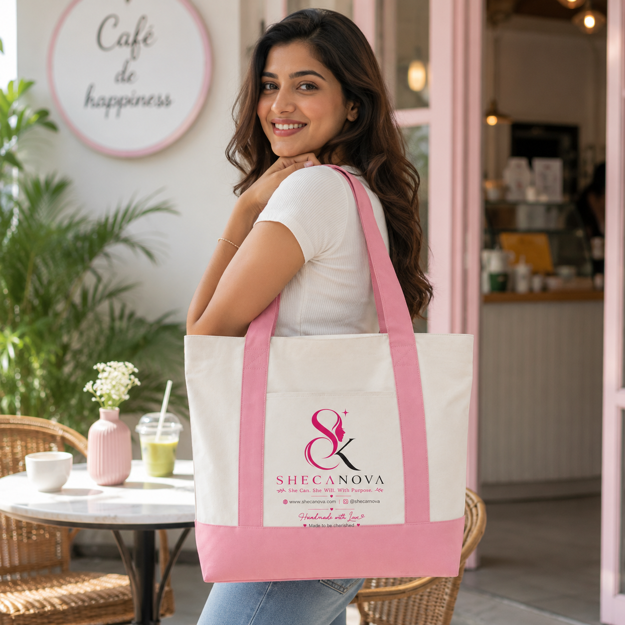 Pink and Beige Large Canvas Tote Bag | 19" x 15" x 6"