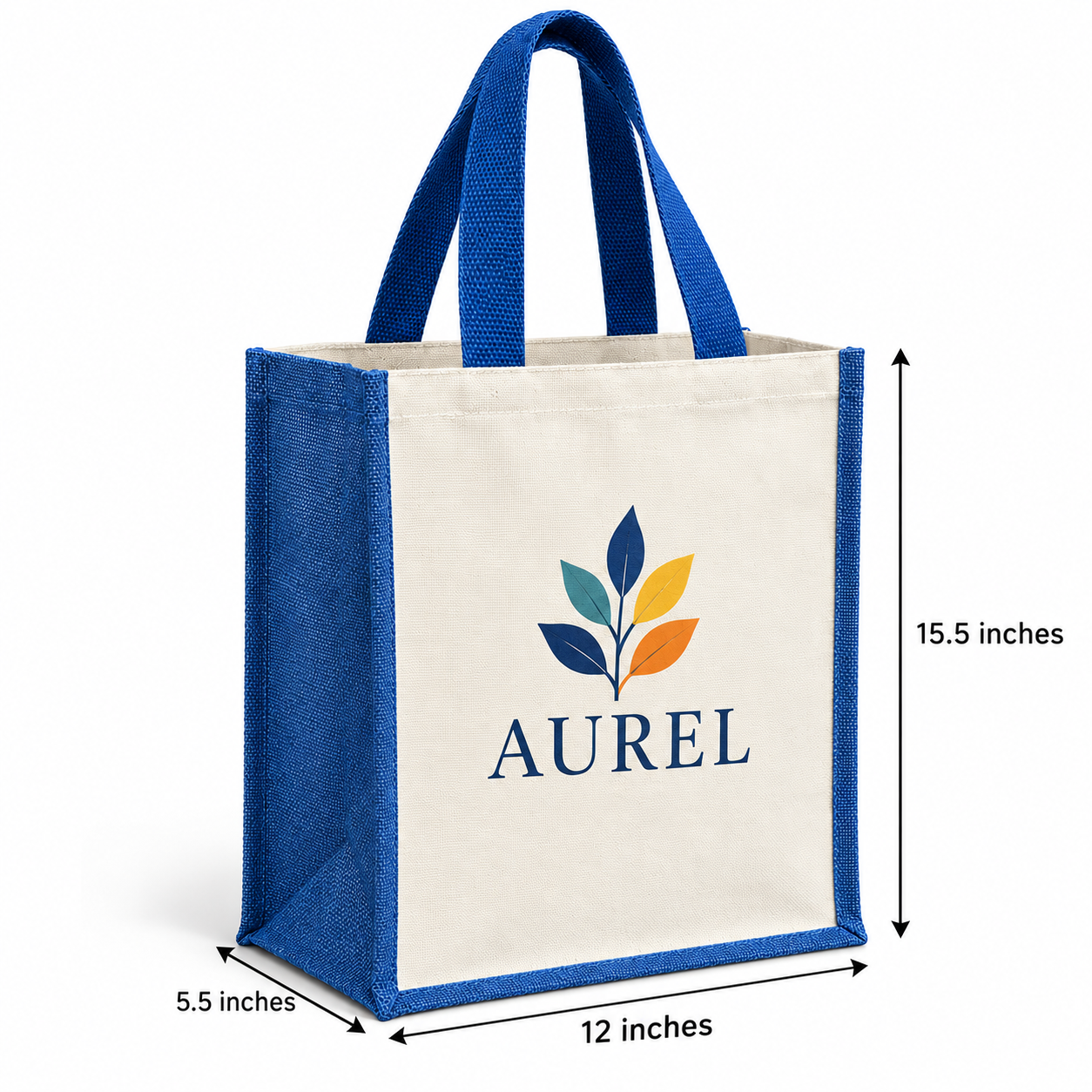 12x15.5x5.5 Blue Laminated Jute & Canvas Tote Bag