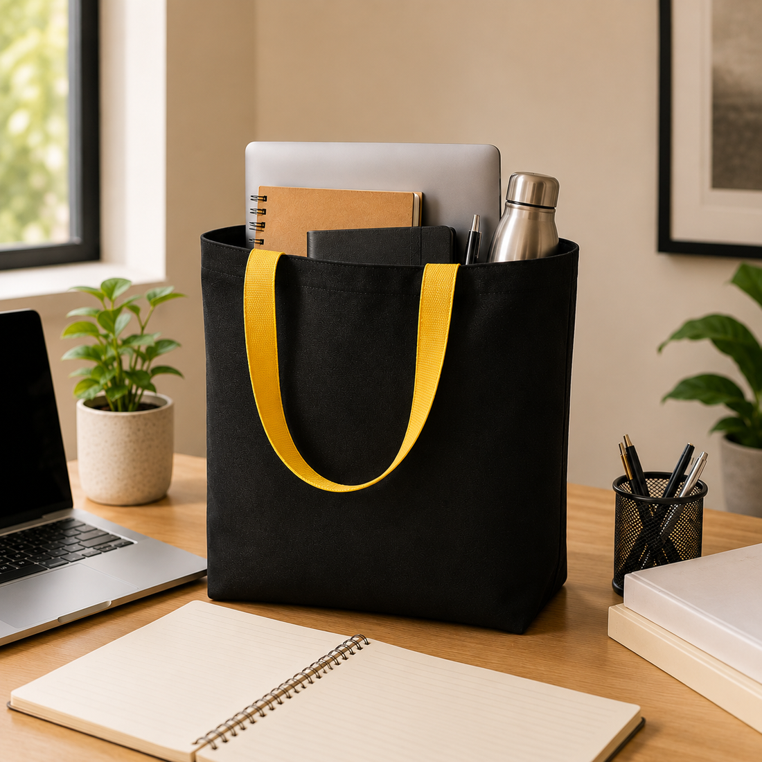 13x15" Plain Black and Yellow Tote Bag