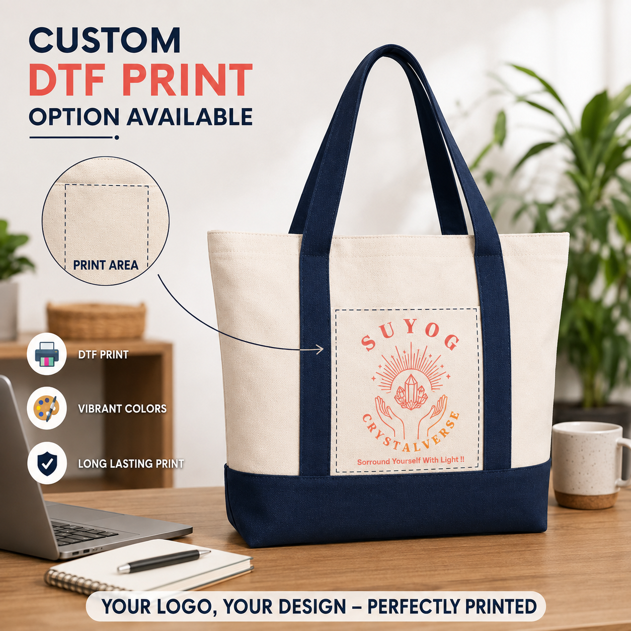 Navy Blue and Beige Large Canvas Tote Bag | 19" x 15" x 6"