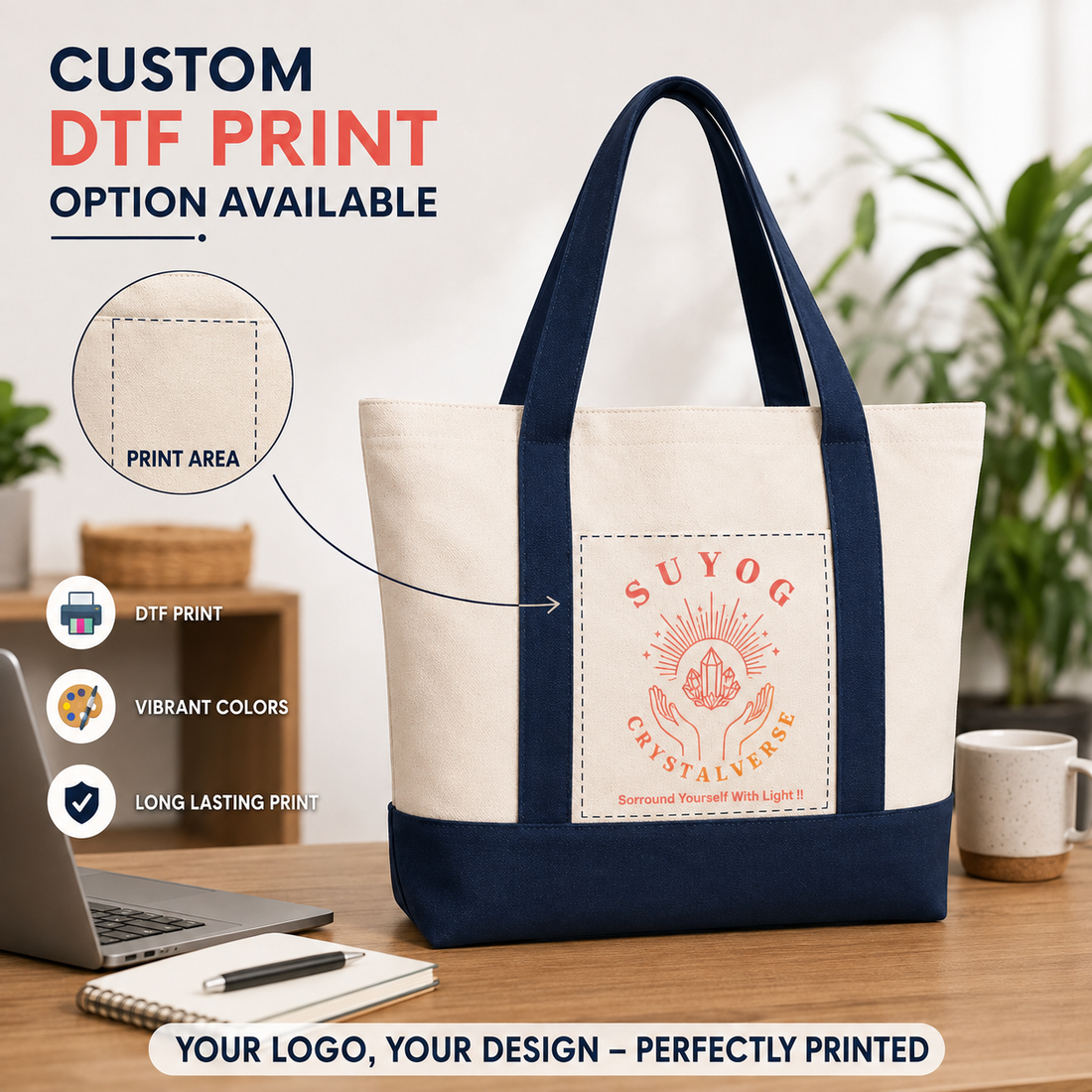 Navy Blue and Beige Large Canvas Tote Bag | 19" x 15" x 6"