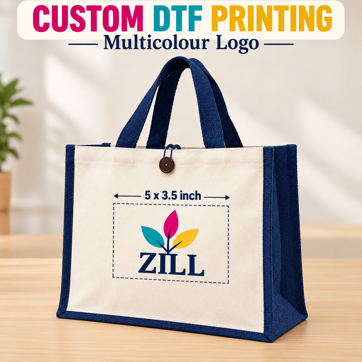 16x13x6 Navy Blue Laminated Jute & Canvas Hamper Bag with Button Closure