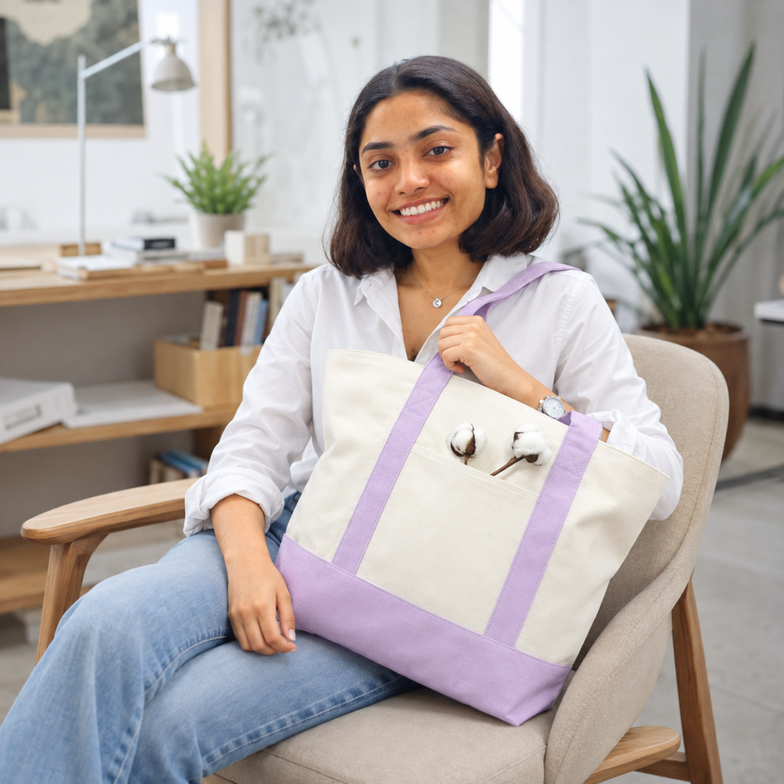 Plain Purple and Beige Large Canvas Tote Bag | 19" x 15" x 6"
