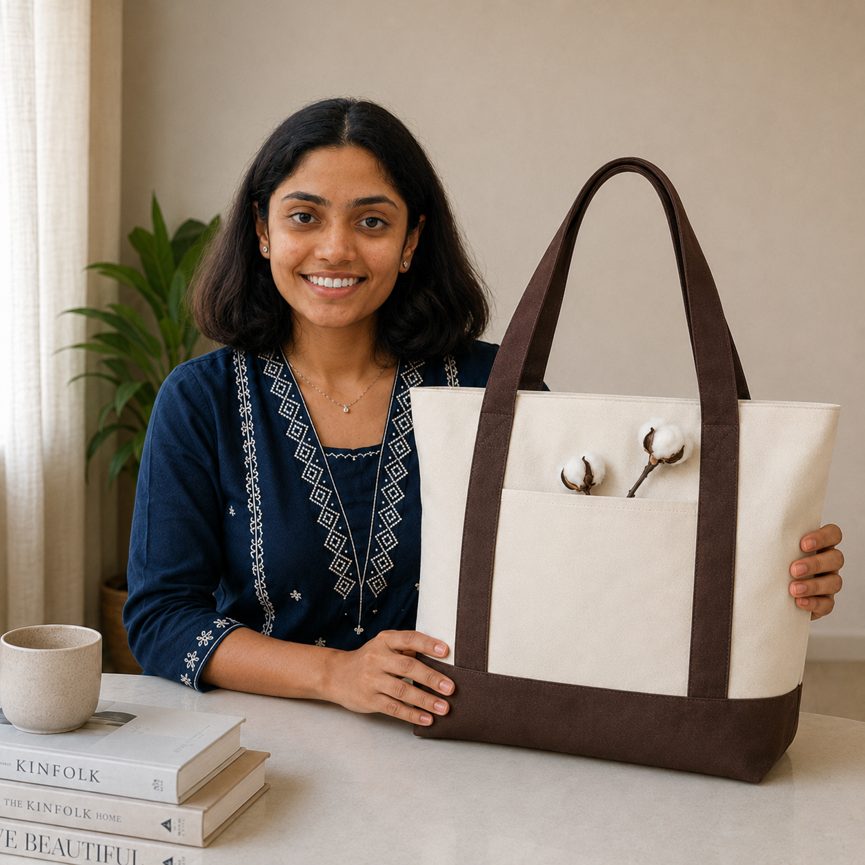 Plain Brown and Beige Large Canvas Tote Bag | 19" x 15" x 6"