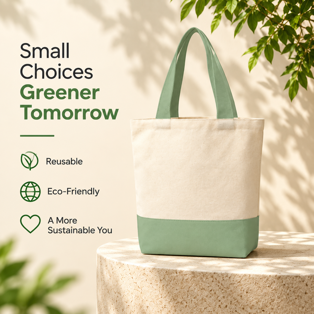 Plain Light Green & Beige Tote Bag | 330 GSM