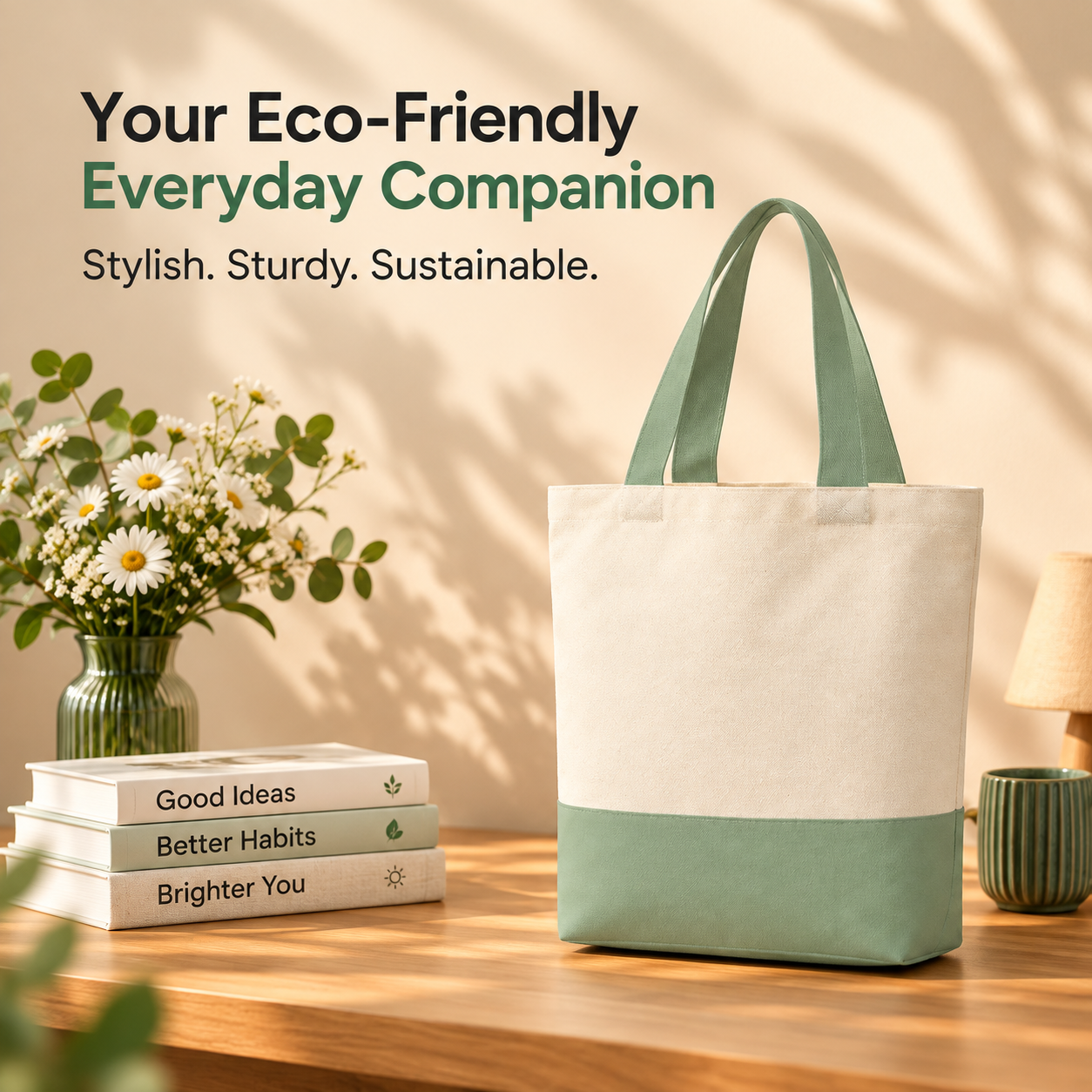 Plain Light Green & Beige Tote Bag | 330 GSM