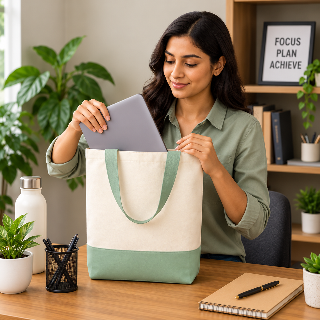 Plain Light Green & Beige Tote Bag | 330 GSM