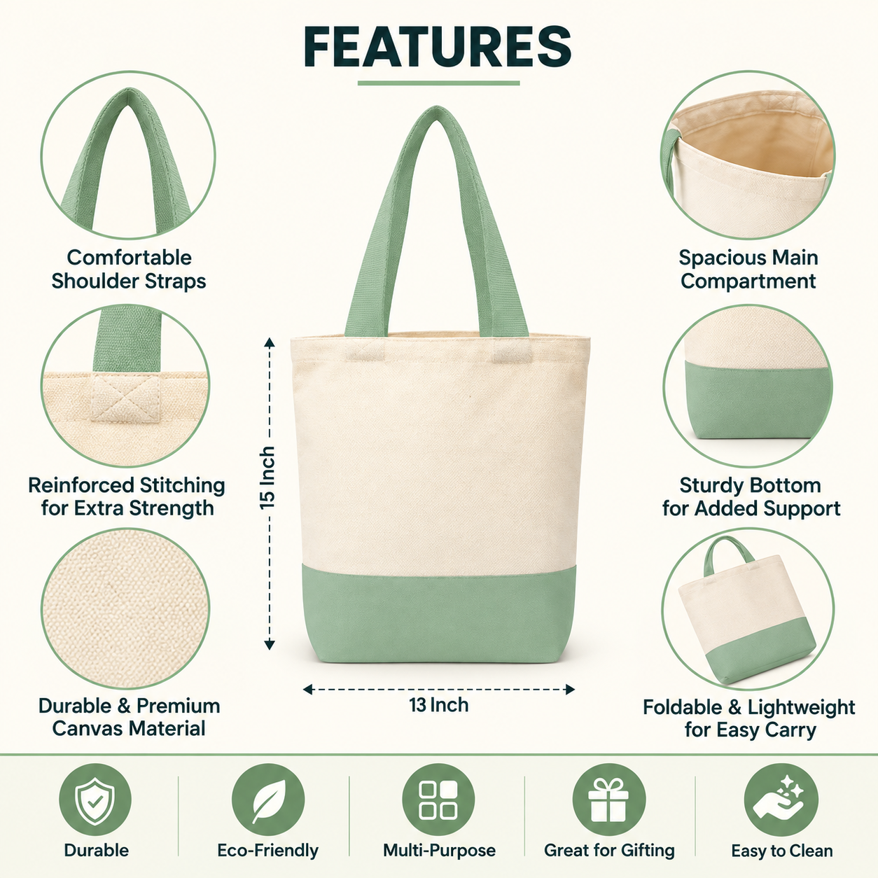Plain Light Green & Beige Tote Bag | 330 GSM