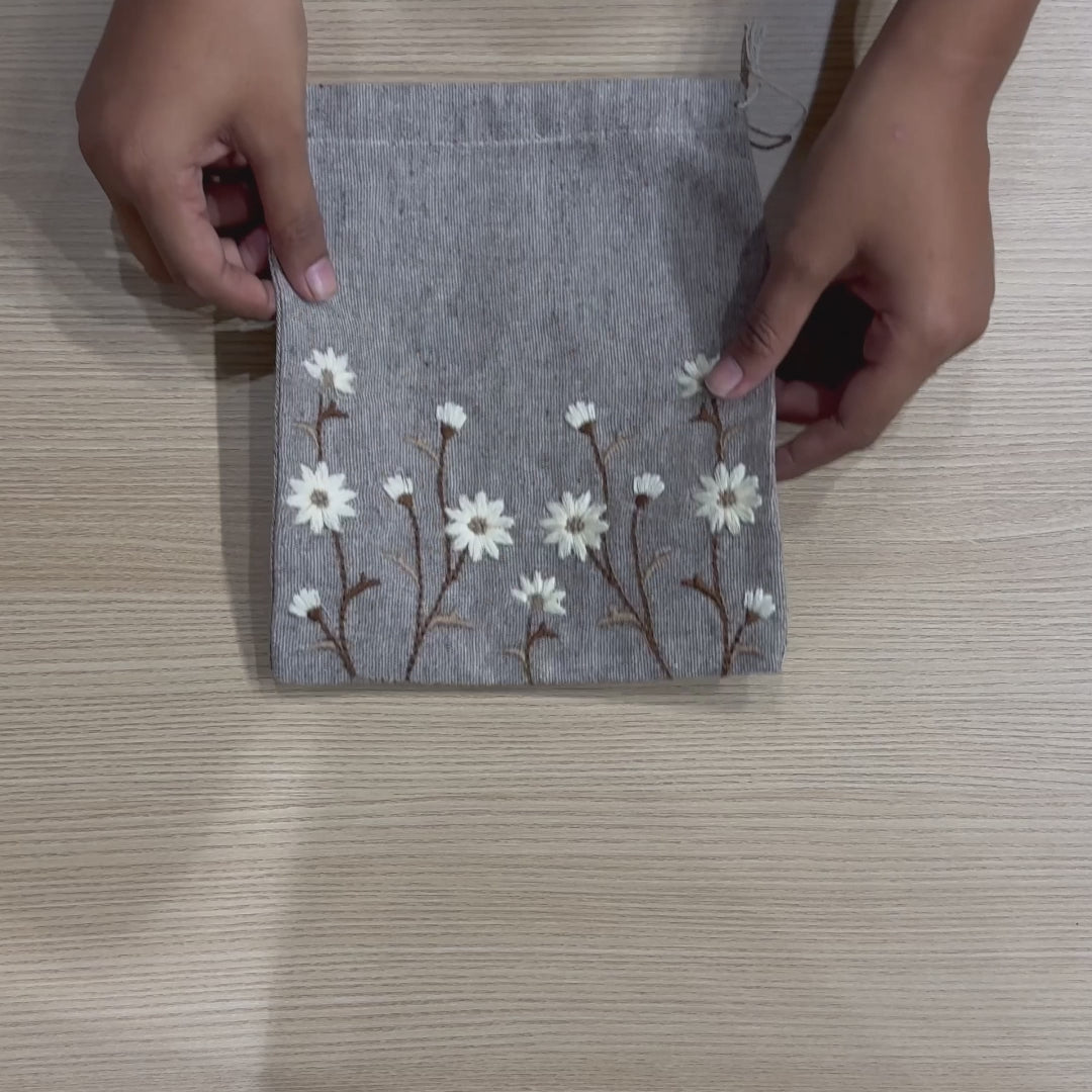Floral Brown Embroidered Drawstring Bag