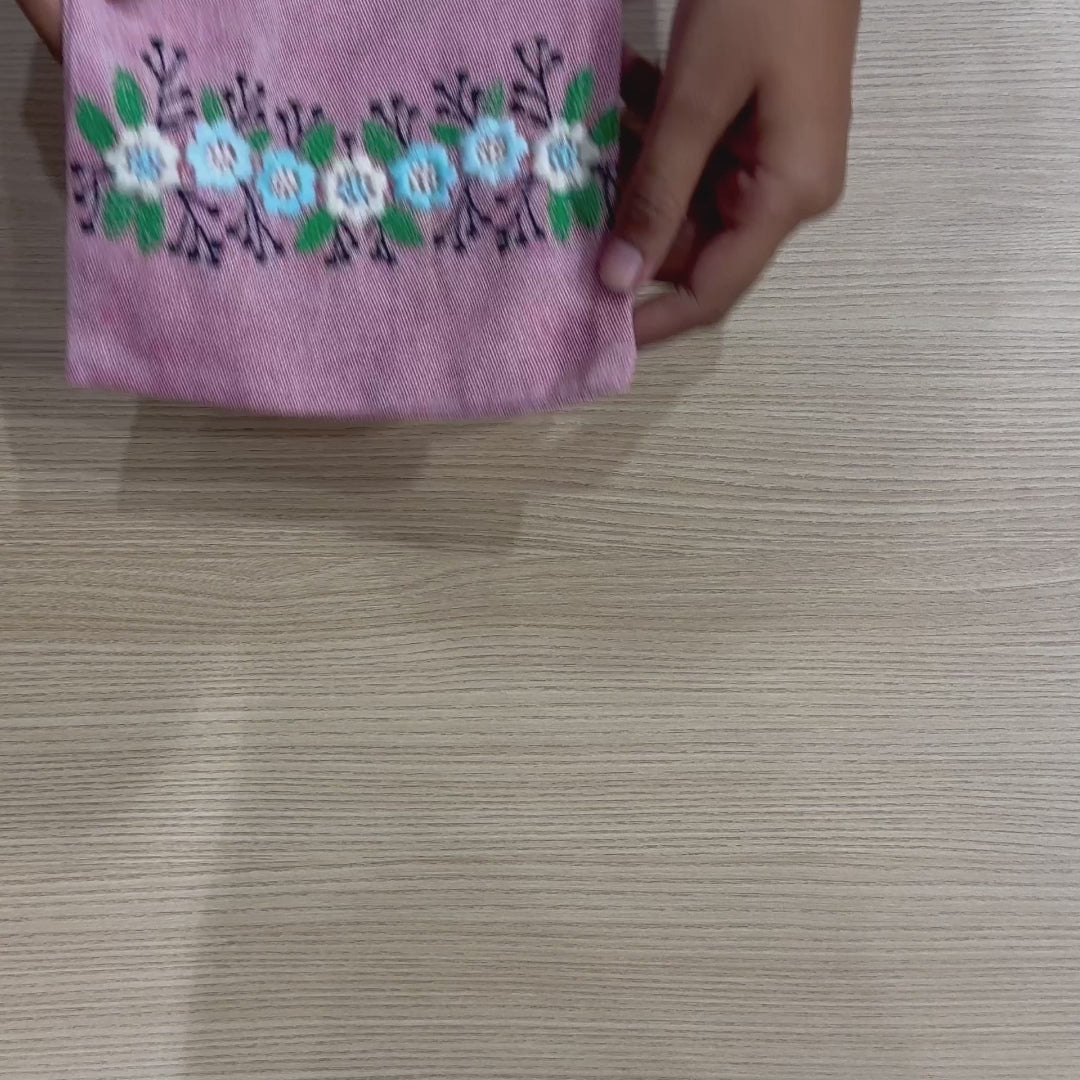 Floral Pink Embroidered Drawstring Bag