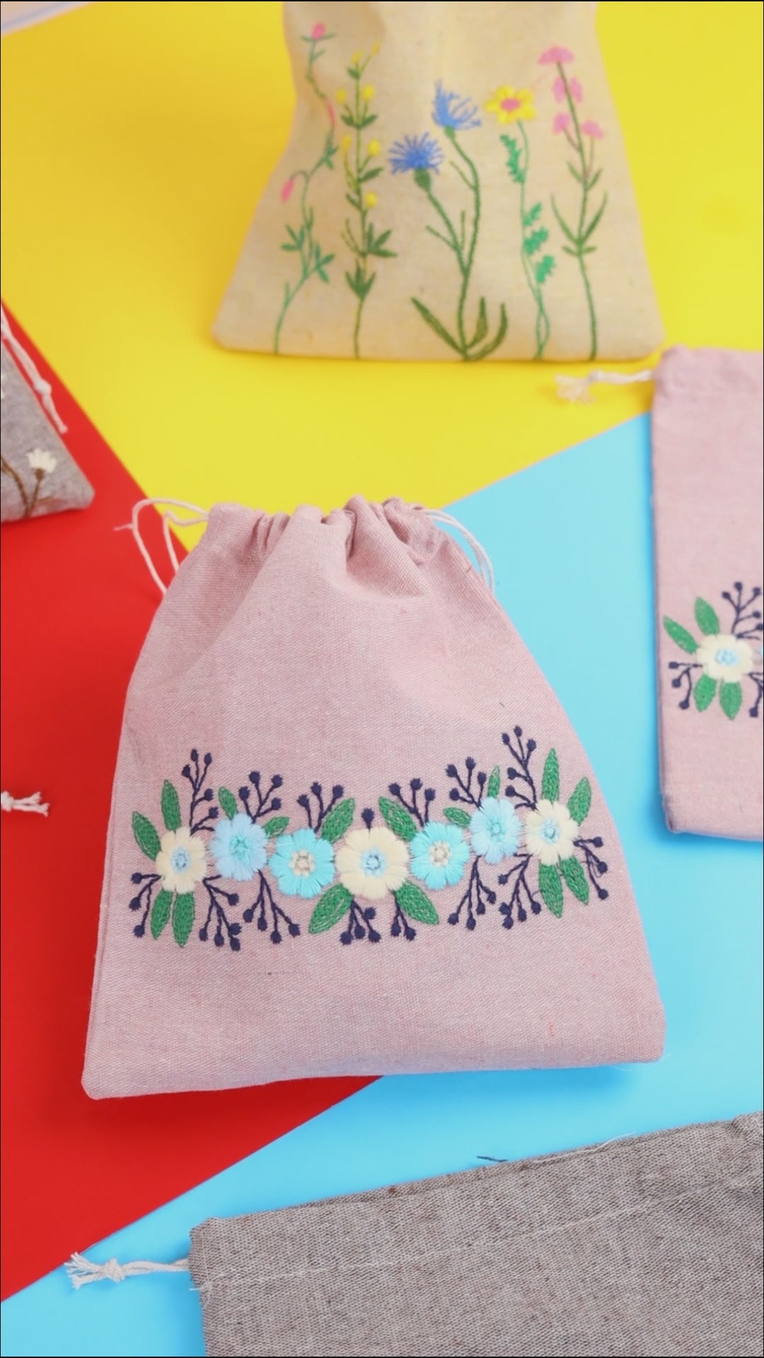Floral Pink Embroidered Drawstring Bag