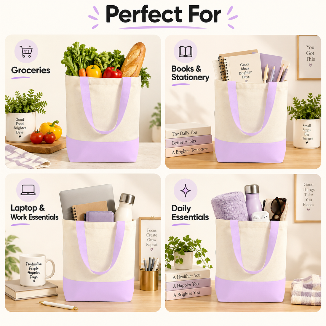 Plain Light Purple & Beige Tote Bag | 330 GSM