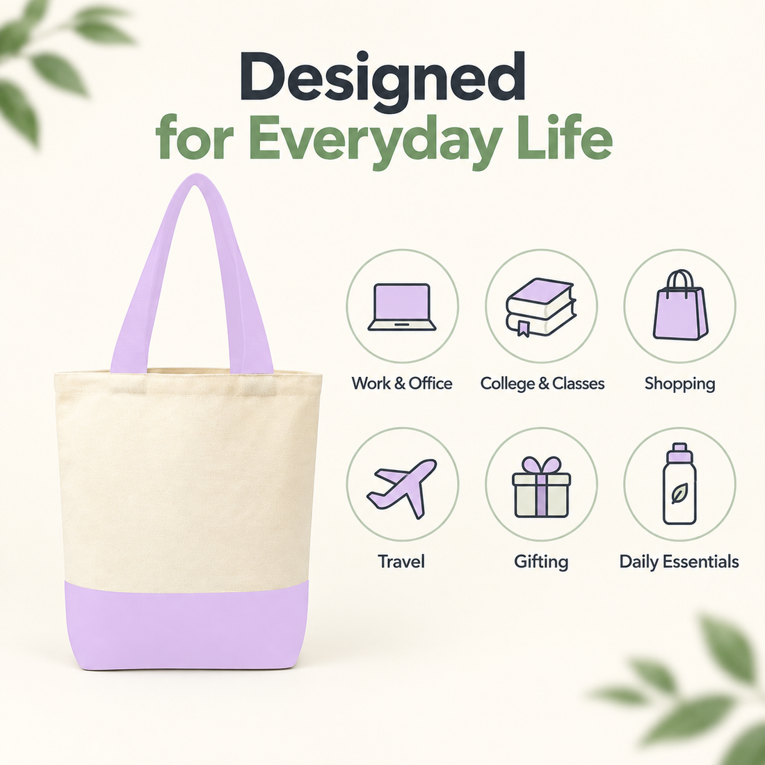 Plain Light Purple & Beige Tote Bag | 330 GSM