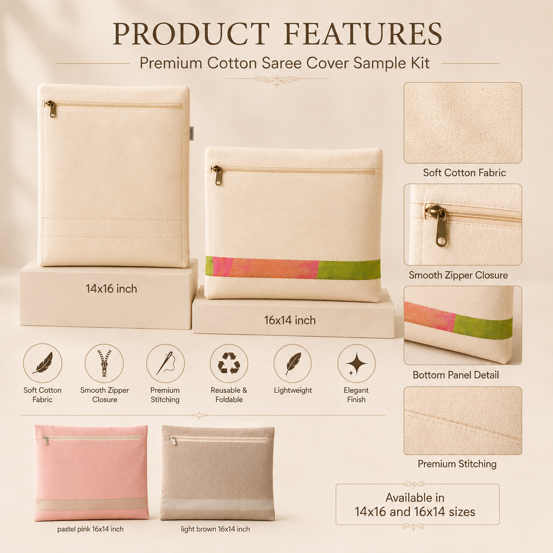 EcoCarry Cotton Saree Cover Sample Kit with 5 reusable 150 GSM cotton saree covers in 14×16 and 16×14 inch sizes with zipper closure, personalised name and custom logo options.