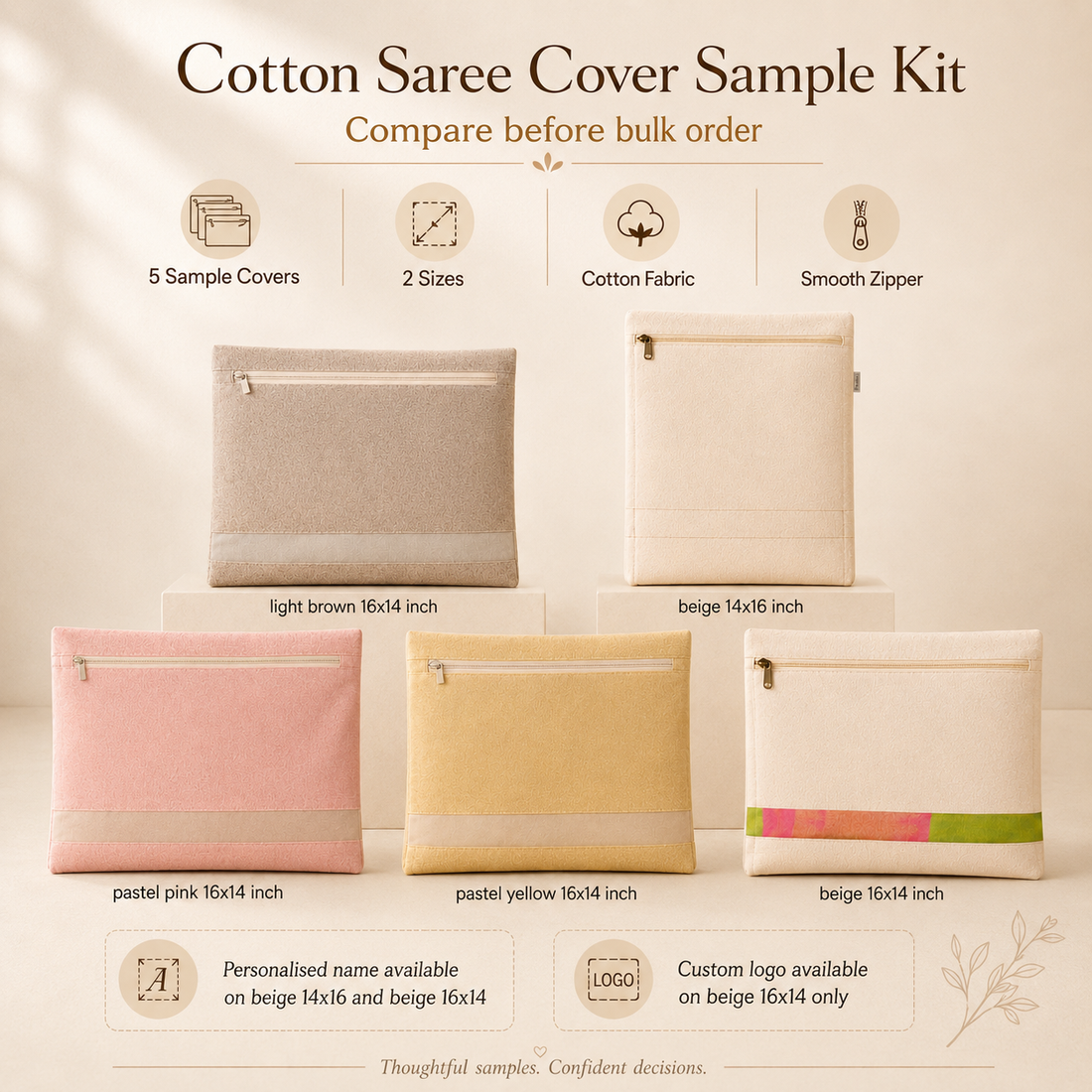 EcoCarry Cotton Saree Cover Sample Kit with 5 reusable 150 GSM cotton saree covers in 14×16 and 16×14 inch sizes with zipper closure, personalised name and custom logo options.