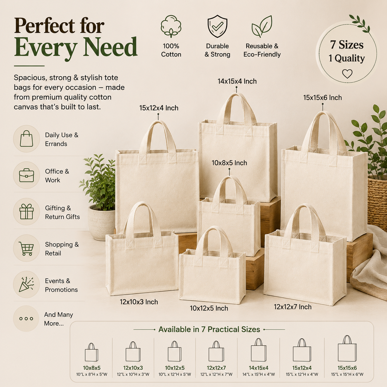 Cotton Canvas Gusset Tote Bag Sample Kit - 7 Sizes | 330 GSM
