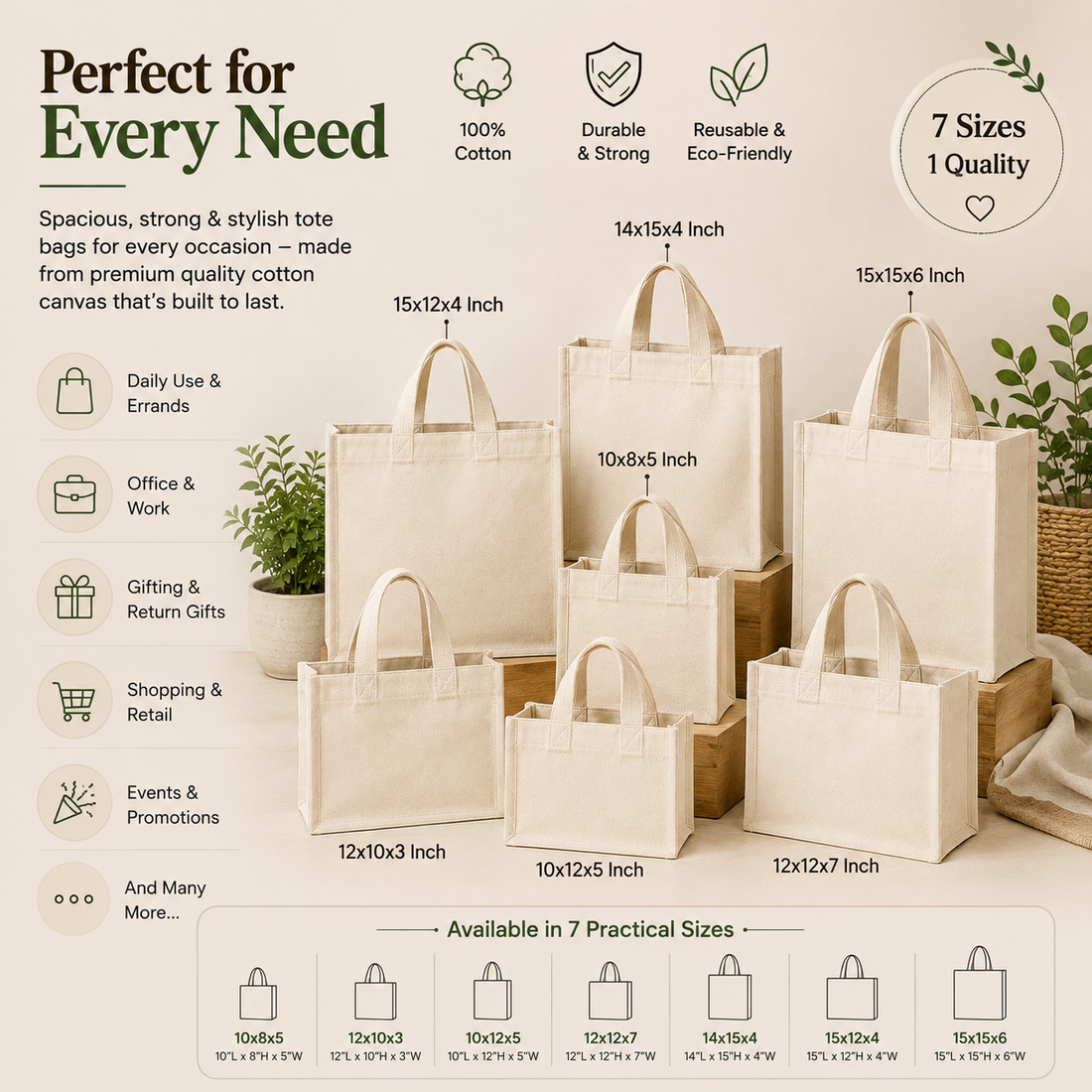 Cotton Canvas Gusset Tote Bag Sample Kit - 7 Sizes | 330 GSM