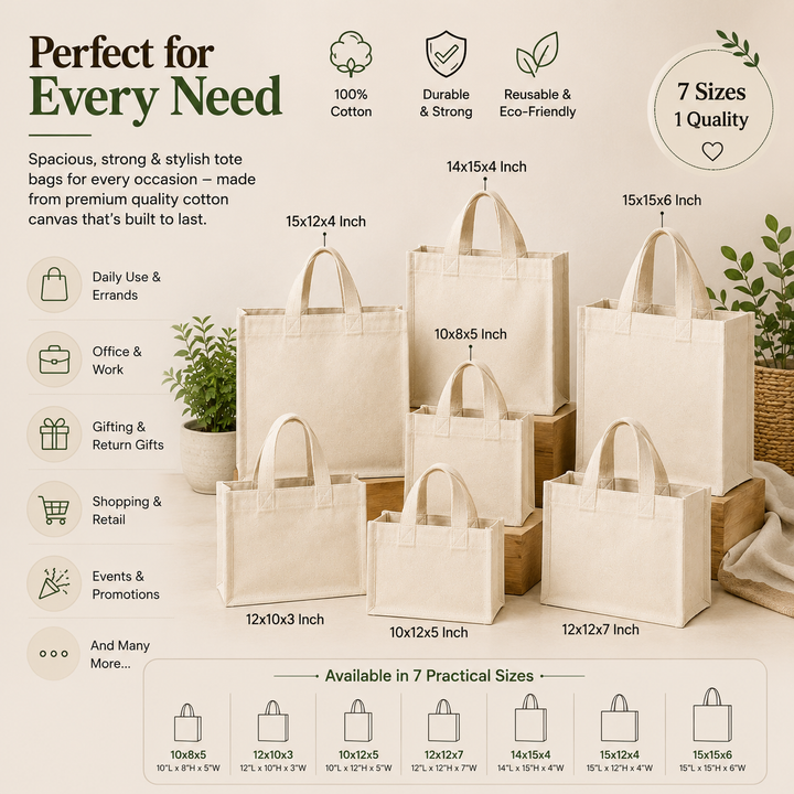 Cotton Canvas Gusset Tote Bag Sample Kit - 7 Sizes | 330 GSM