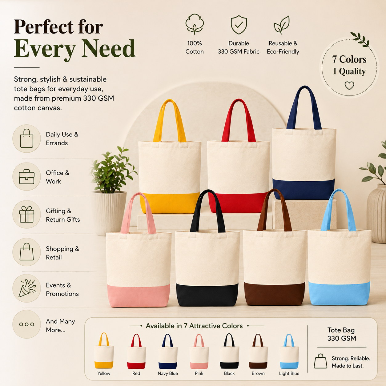 2-Color Cotton Canvas Tote Bag Sample Kit - 7 Colors | 330 GSM