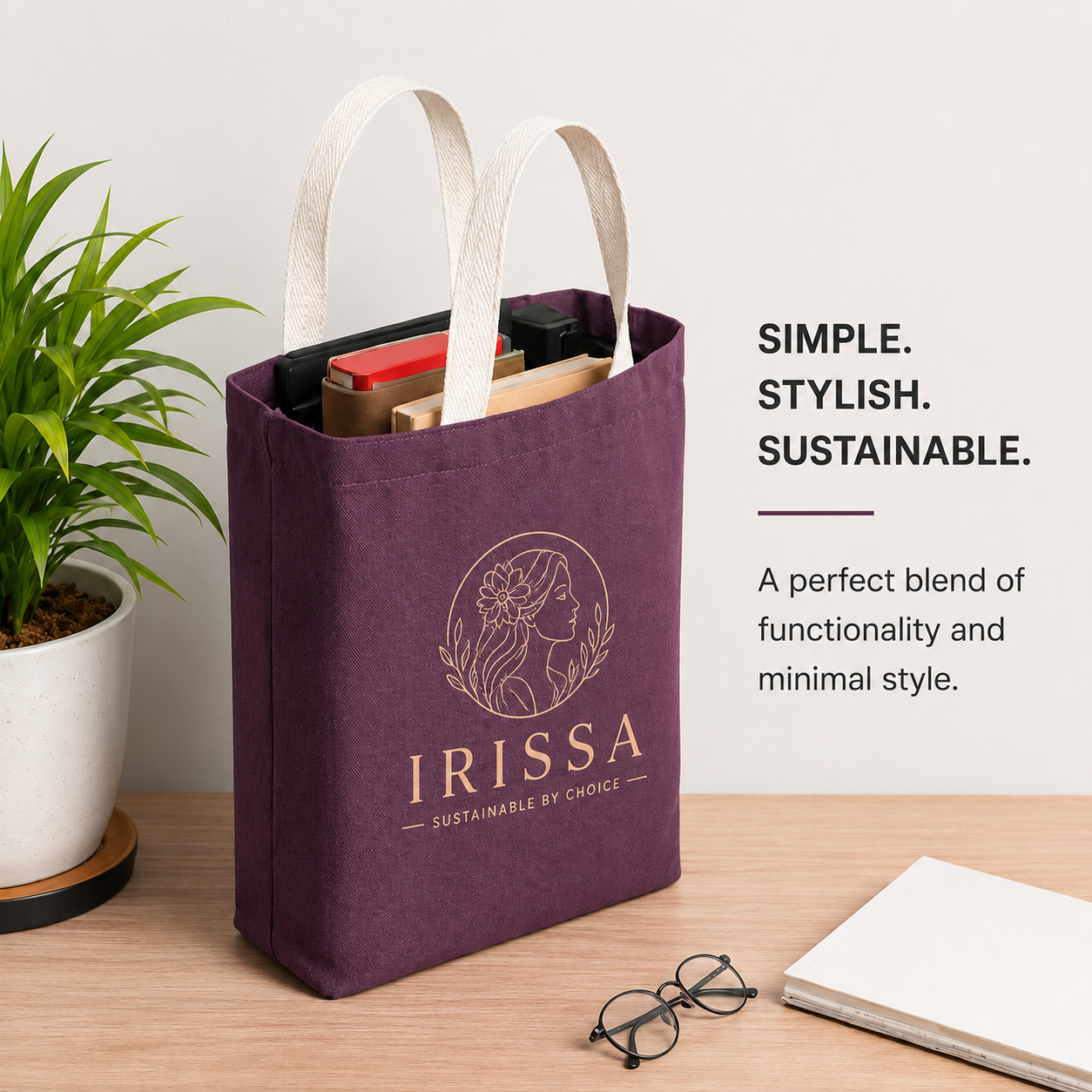 Custom 14×16 wine purple cotton canvas tote bag with 26-inch white cotton handles, 330 GSM reusable bag for logo printing, corporate gifting, retail packaging, and promotional branding.