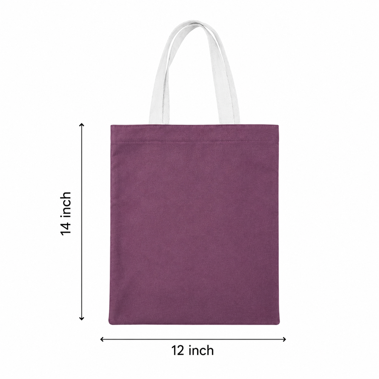 12×14 wine purple cotton canvas tote bag with 26-inch white cotton handles, made from 330 GSM fabric, reusable eco-friendly shopping bag for shopping, office, travel, gifting, and everyday use.