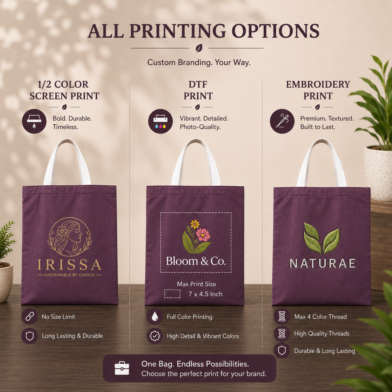 Custom 14×16 wine purple cotton canvas tote bag with 26-inch white cotton handles, 330 GSM reusable bag for logo printing, corporate gifting, retail packaging, and promotional branding.