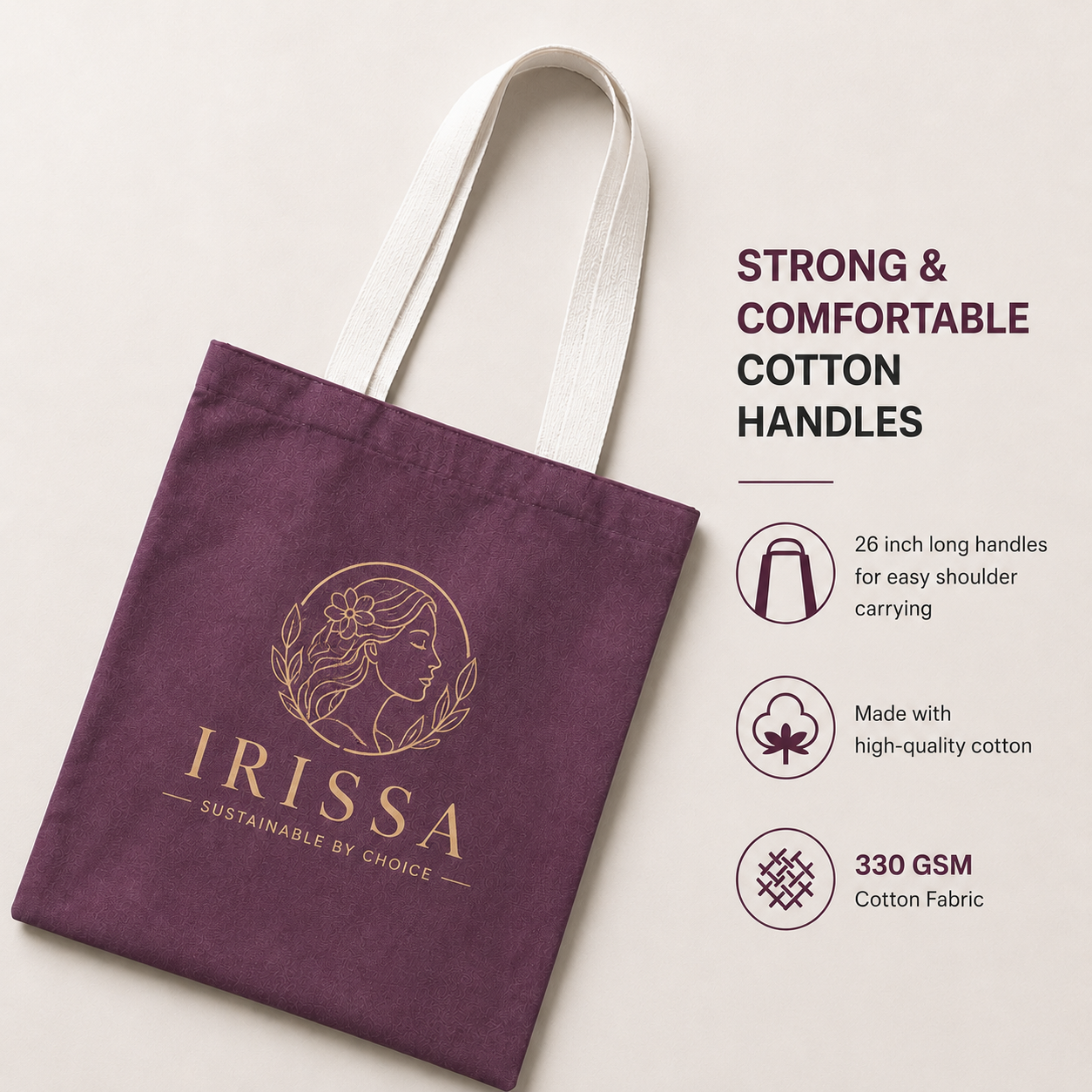 Custom 14×16 wine purple cotton canvas tote bag with 26-inch white cotton handles, 330 GSM reusable bag for logo printing, corporate gifting, retail packaging, and promotional branding.