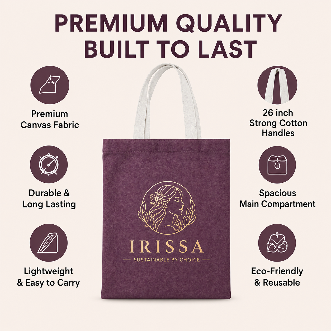 Custom 14×16 wine purple cotton canvas tote bag with 26-inch white cotton handles, 330 GSM reusable bag for logo printing, corporate gifting, retail packaging, and promotional branding.