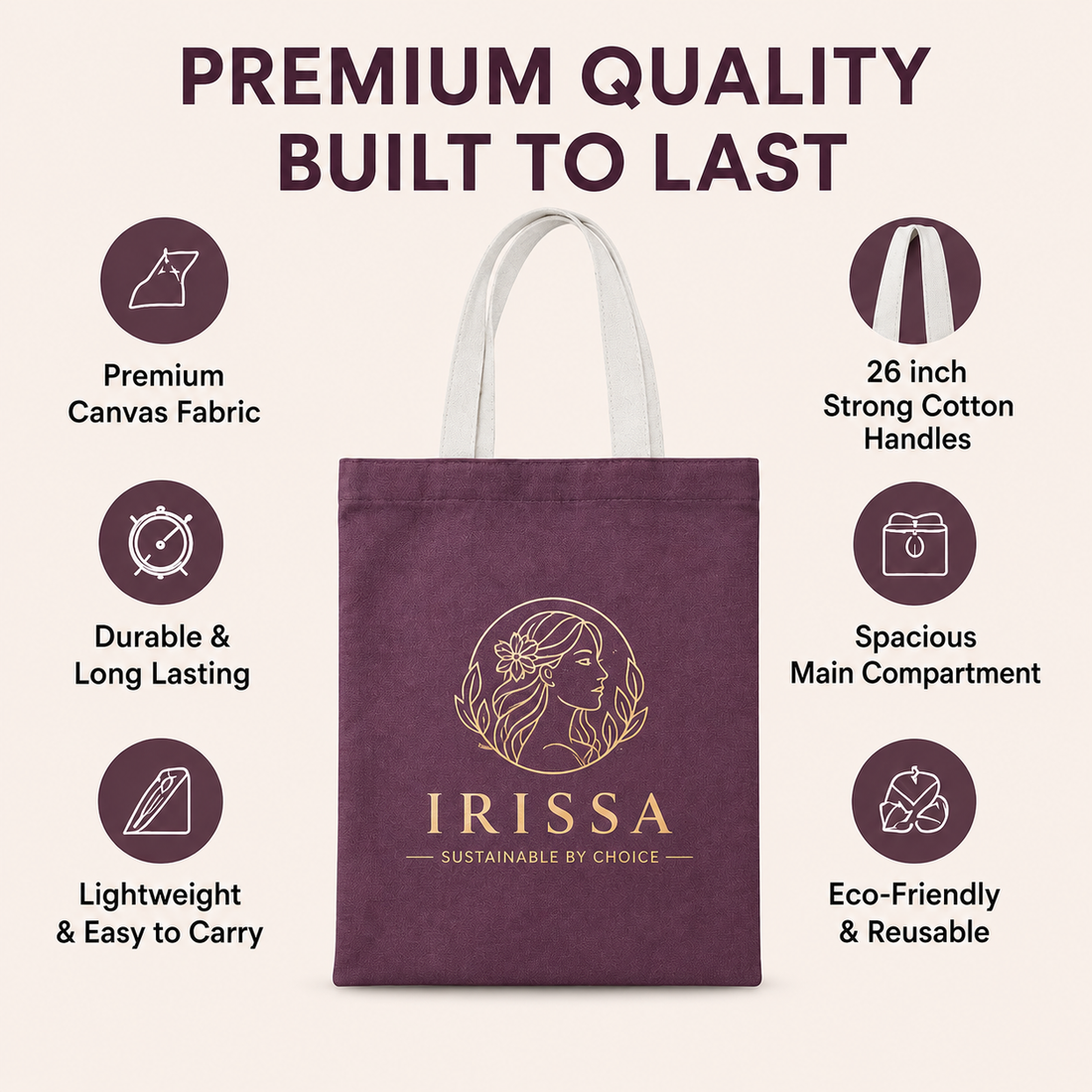 Custom 14×16 wine purple cotton canvas tote bag with 26-inch white cotton handles, 330 GSM reusable bag for logo printing, corporate gifting, retail packaging, and promotional branding.