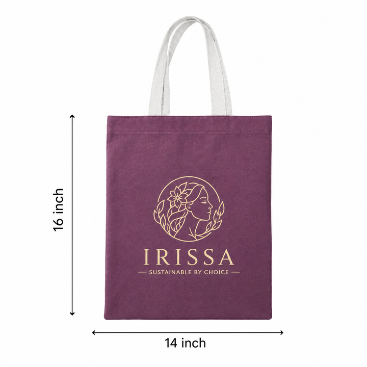 Custom 14×16 wine purple cotton canvas tote bag with 26-inch white cotton handles, 330 GSM reusable bag for logo printing, corporate gifting, retail packaging, and promotional branding.