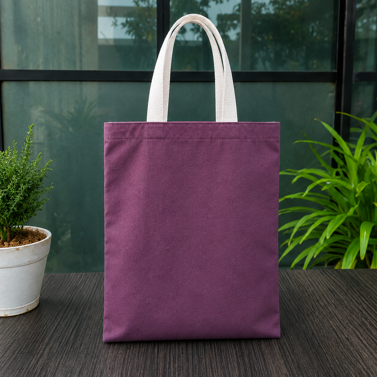 14×16 wine purple cotton canvas tote bag with 26-inch white cotton handles, made from 330 GSM fabric, reusable eco-friendly shopping bag for office, grocery shopping, gifting, travel, and everyday use.
