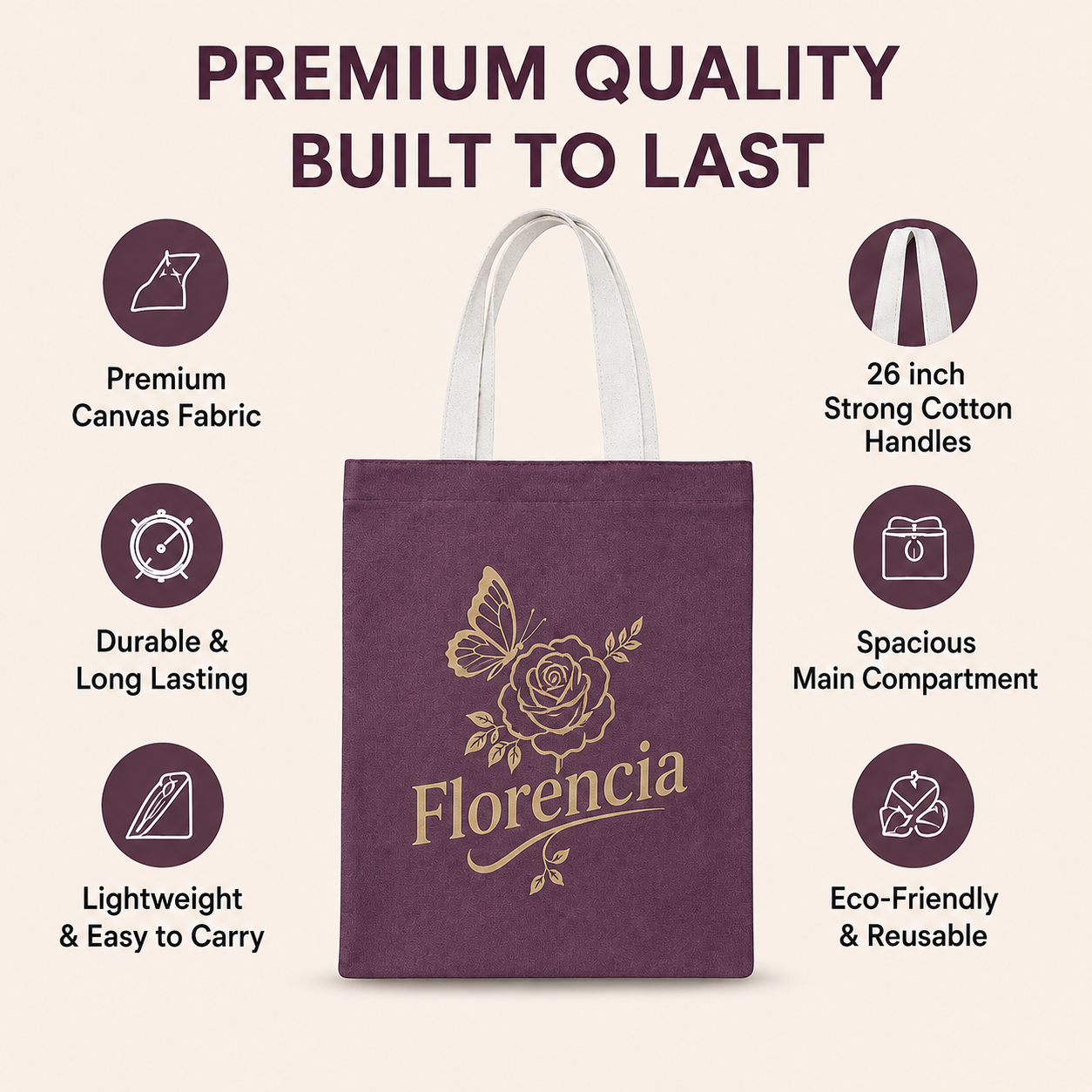 Custom 12×14 wine purple cotton canvas tote bag with 26-inch white cotton handles, 330 GSM reusable bag for logo printing, corporate gifting, retail packaging, and promotional branding.